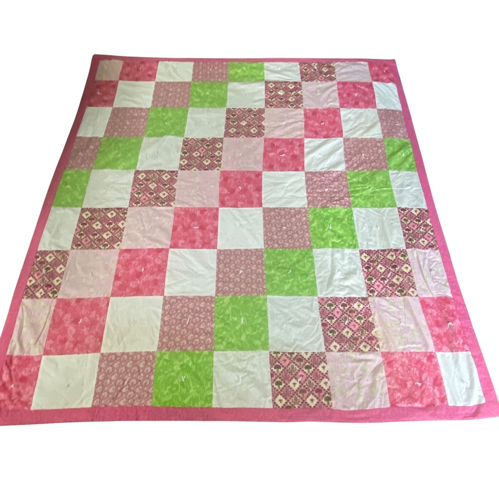 Handmade Patchwork Quilt Pink Green Floral Damask Tied Bedding Cottagecore King